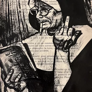 Dévotion, encre de Chine sur page de livre, store de Franck Saïssi