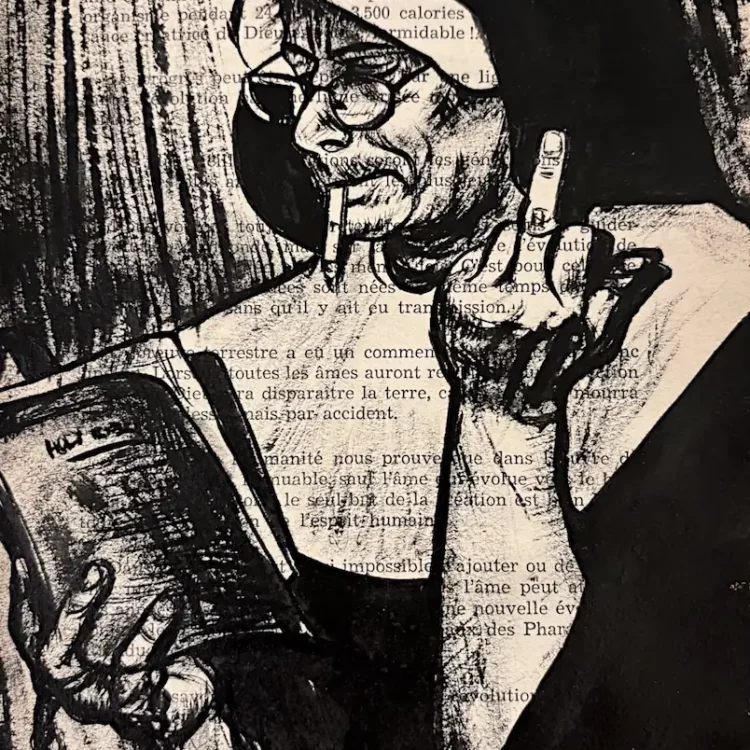 Dévotion, encre de Chine sur page de livre, store de Franck Saïssi