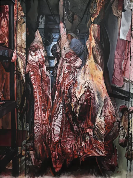 Frigo, huile sur toile, par Saïssi Franck, des carcasses suspendues dans le frigo d'une boucherie