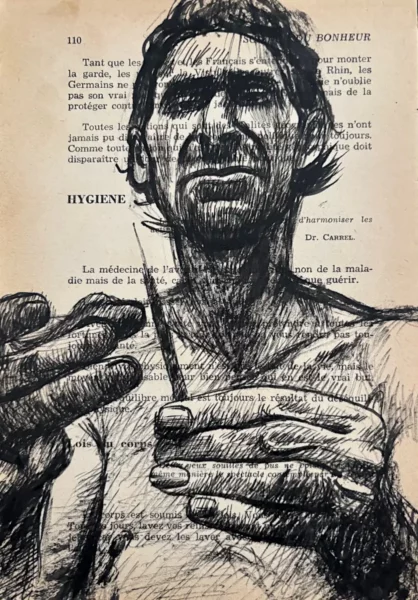 Hygiène, encre de Chine sur page de livre. Homme préparant une injection, style expressionniste noir, Franck Saïssi