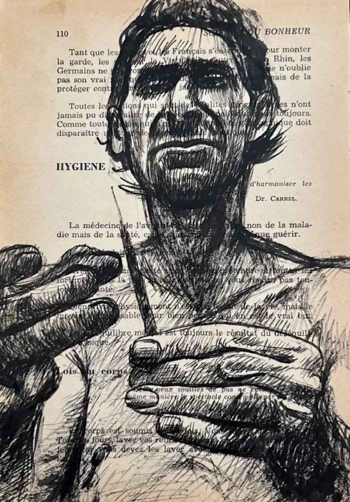 Hygiène, encre de Chine sur page de livre. Homme préparant une injection, style expressionniste noir, Franck Saïssi
