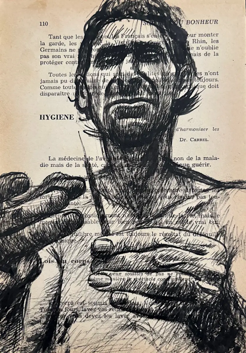 Hygiène, encre de Chine sur page de livre. Homme préparant une injection, style expressionniste noir, Franck Saïssi