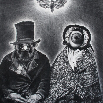 Le Sphinx, dessin au fusain sur papier Arches par Franck Saïssi. Représentation de deux figures énigmatiques et d'un papillon sphinx tête de mort.