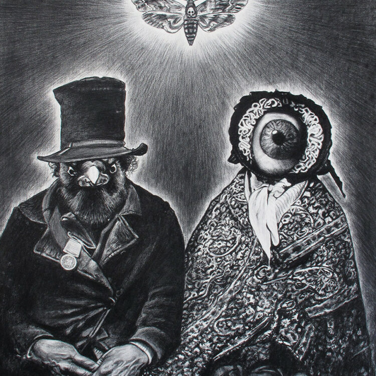 Le Sphinx, dessin au fusain sur papier Arches par Franck Saïssi. Représentation de deux figures énigmatiques et d'un papillon sphinx tête de mort.