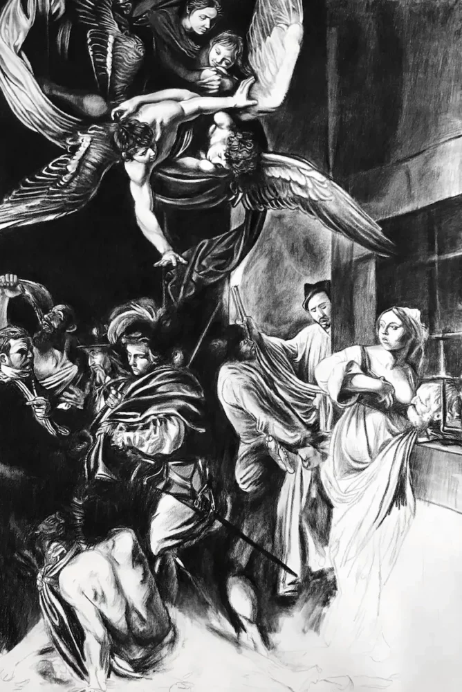 Misericorde x7, étude au fusain d'après Les Sept Œuvres de Miséricorde du Caravage, sur papier Arches, par Franck Saïssi.