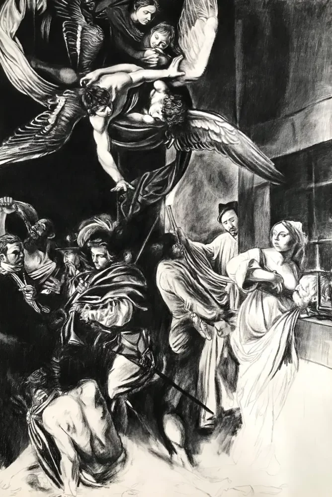 Misericorde x7, étude au fusain d'après Les Sept Œuvres de Miséricorde du Caravage, sur papier Arches, par Franck Saïssi.