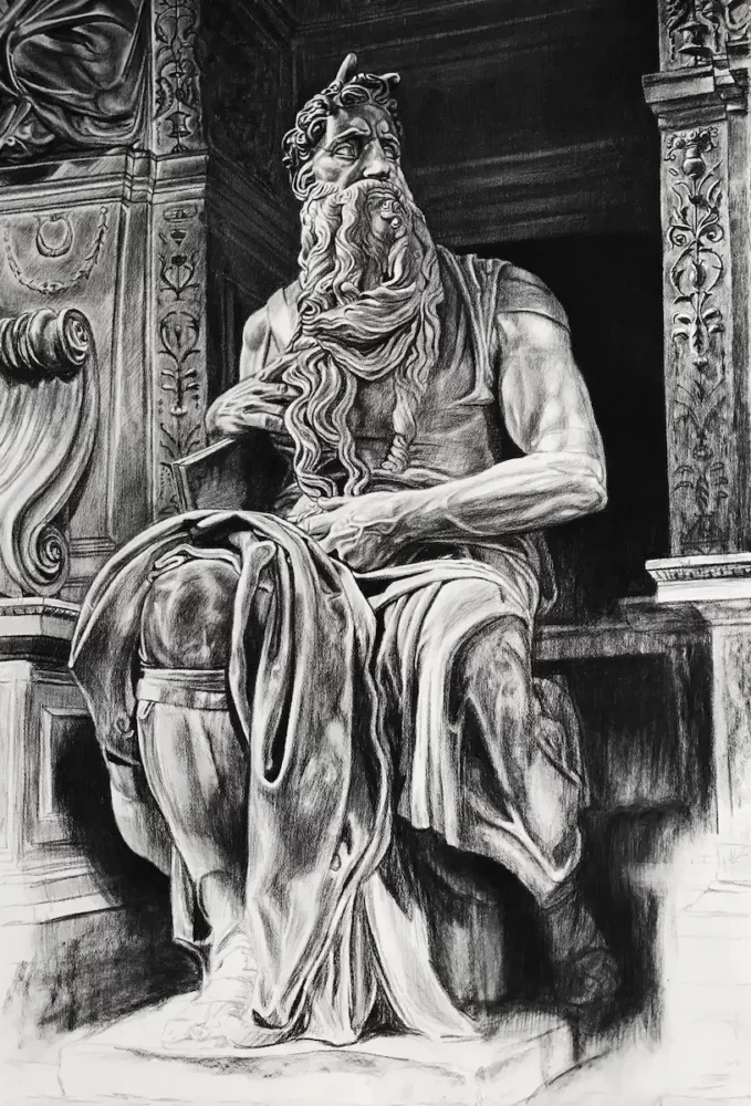 Dessin au fusain d'après la sculpture du Moïse de Michel-Ange, étude de musculature et de drapé par Franck Saïssi