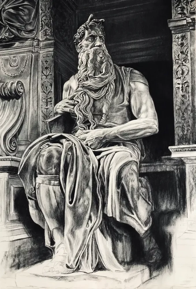 Dessin au fusain d'après la sculpture du Moïse de Michel-Ange, étude de musculature et de drapé par Franck Saïssi