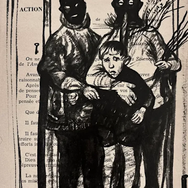 L'enfance - dessin à l'encre de Chine sur page de livre par Franck Saïssi