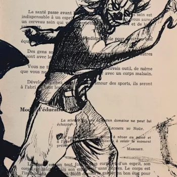 L'esprit sain - dessin à l'encre de Chine sur page de livre par Franck Saïssi