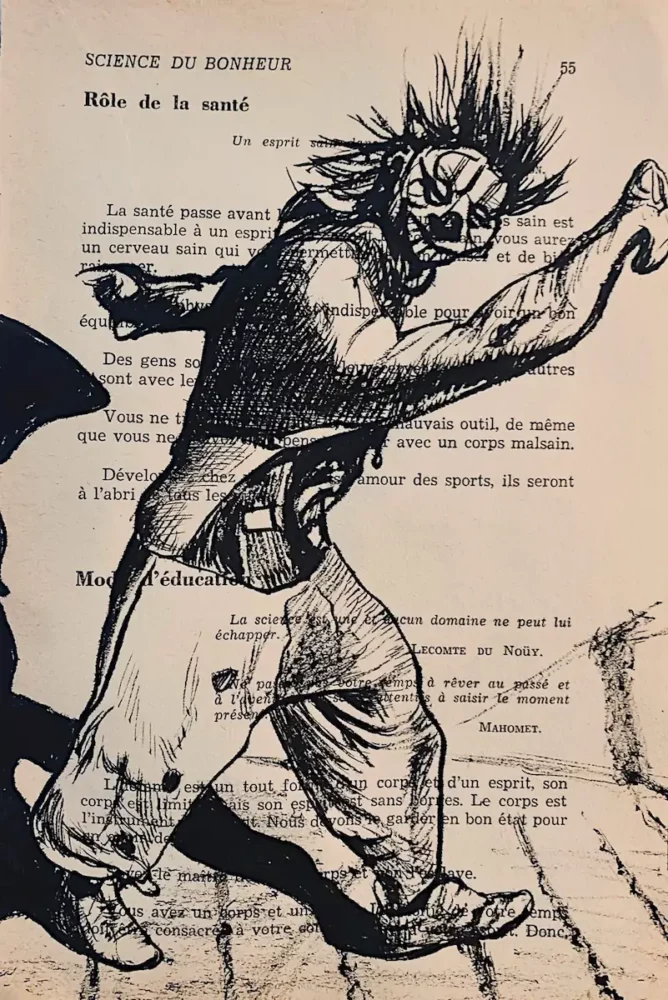 L'esprit sain - dessin à l'encre de Chine sur page de livre par Franck Saïssi