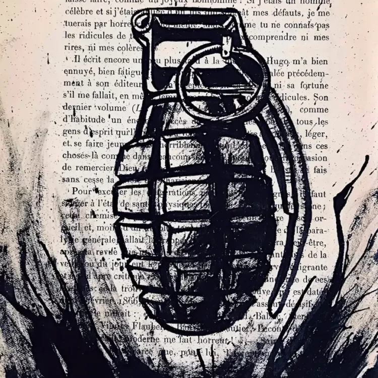 Grenade - dessin à l'encre de Chine sur page de livre par Franck Saïssi
