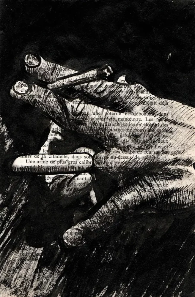 La main - dessin à l'encre de Chine sur page de livre par Franck Saïssi