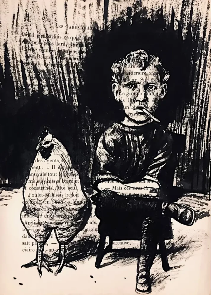 Me and my chick - dessin à l'encre de Chine sur page de livre par Franck Saïssi