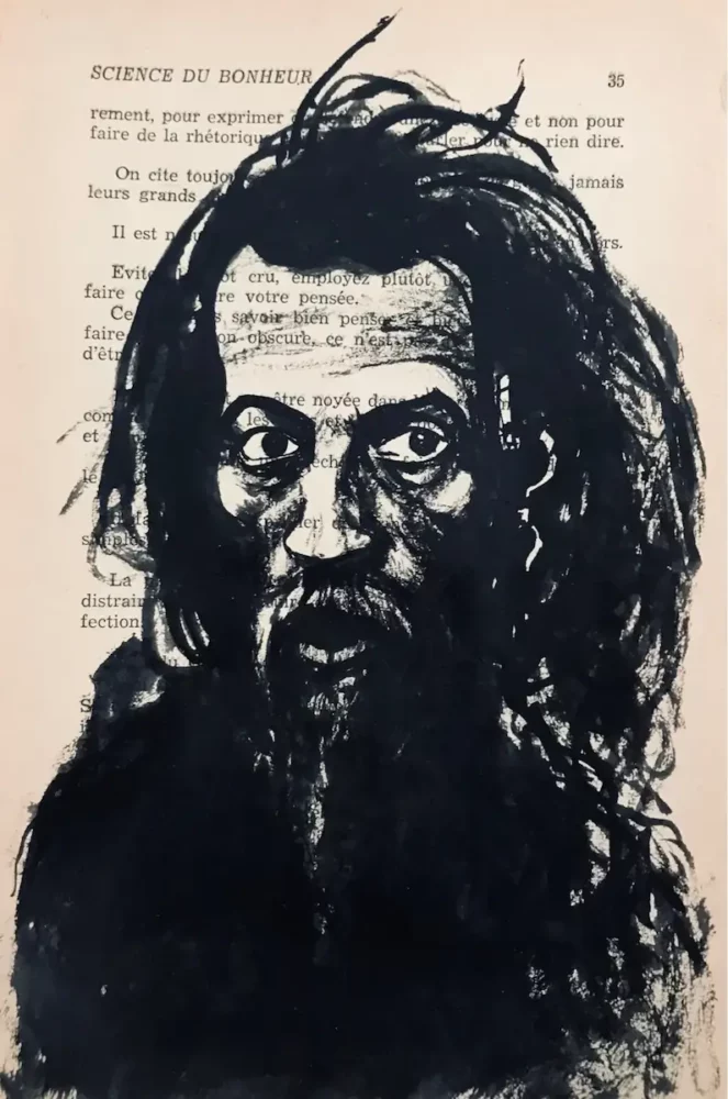 Oku - dessin à l'encre de Chine sur page de livre par Franck Saïssi