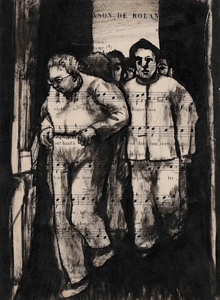 Patients - dessin à l'encre de Chine sur page de livre par Franck Saïssi