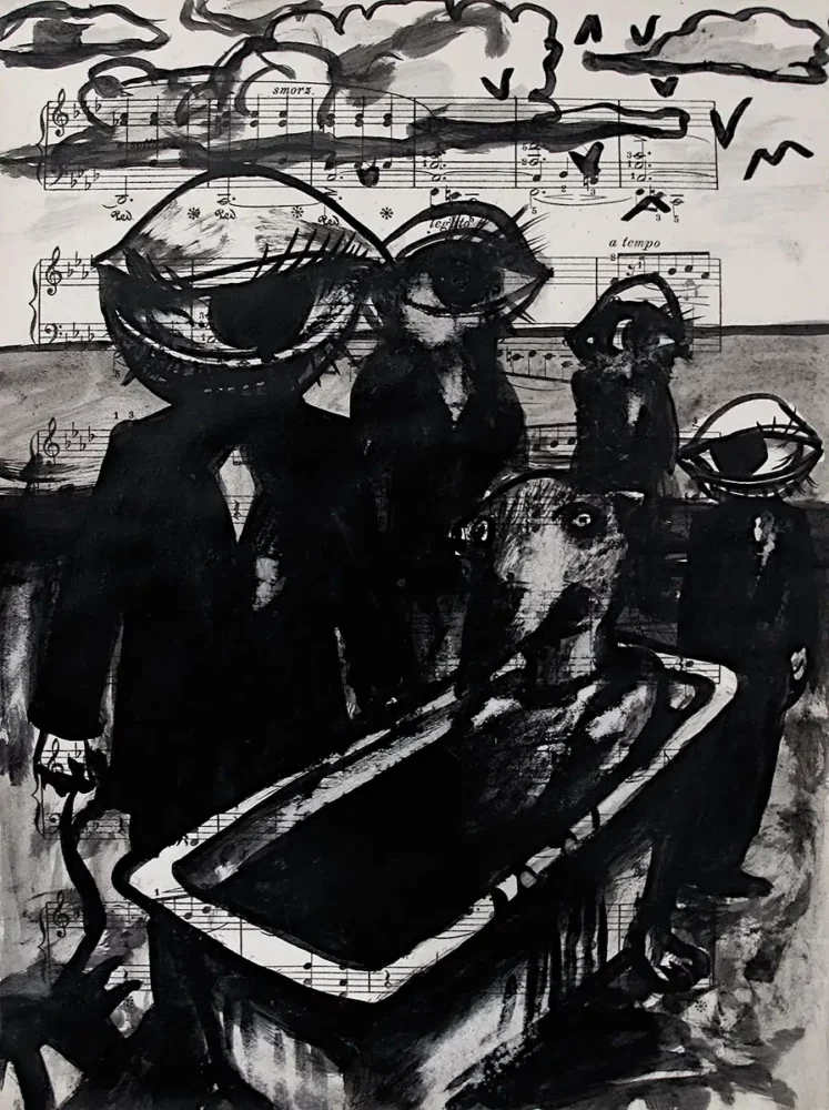 La plage - dessin à l'encre de Chine sur page de livre par Franck Saïssi