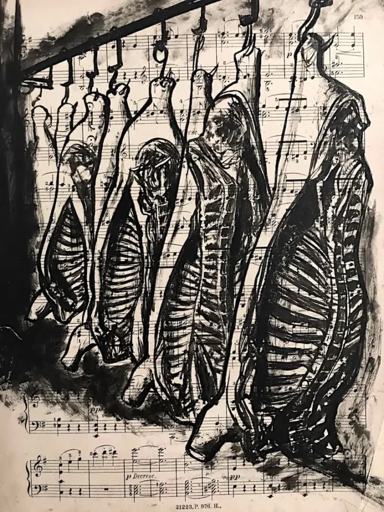Viande - dessin à l'encre de Chine sur partition par Franck Saïssi