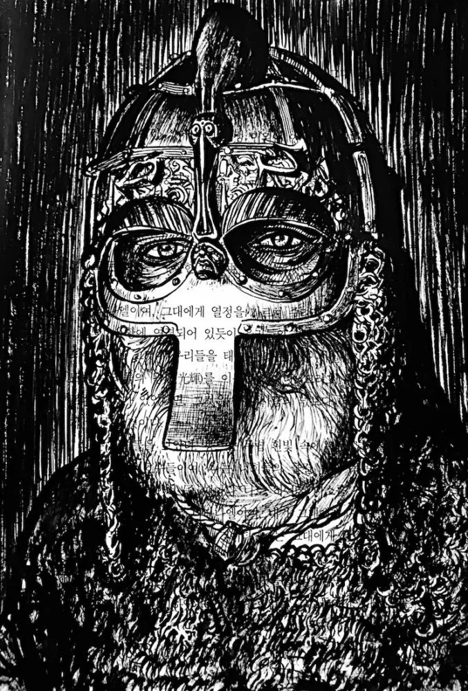 Viking - dessin à l'encre de Chine sur page de livre par Franck Saïssi