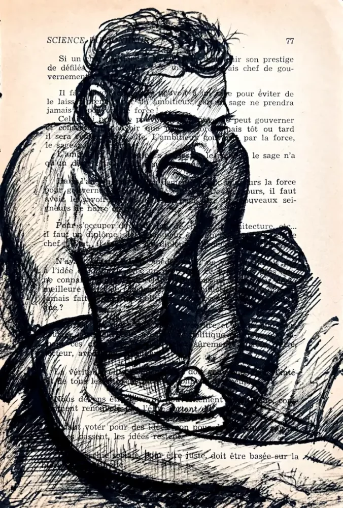 Sujet n° 77 : personnage au garrot pratiquant une injection, encre de Chine sur texte ancien, par Franck Saïssi