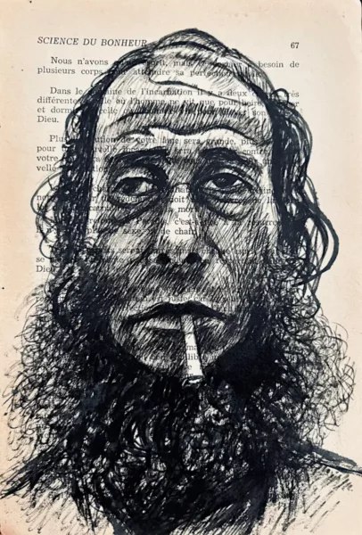 Portrait à l'encre sur page de livre, homme barbu au regard altéré. Sujet n° 67, série Traces, Franck Saïssi.