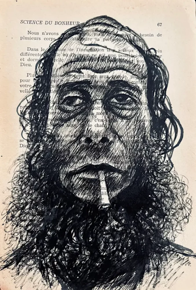 Portrait à l'encre sur page de livre, homme barbu au regard altéré. Sujet n° 67, série Traces, Franck Saïssi.