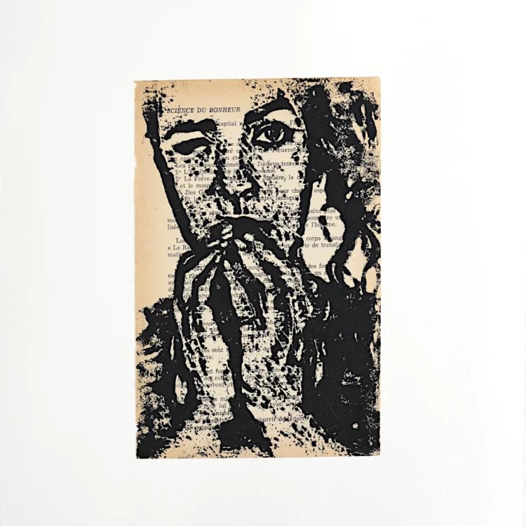 Xylogravure, Sita, gravure sur bois sur page de livre ancienne, contrecollée sur papier Arches, par Franck Saïssi