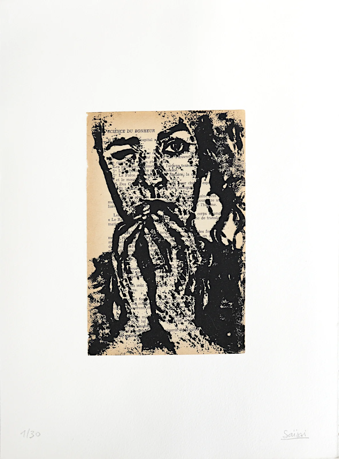 Xylogravure, Sita, gravure sur bois sur page de livre ancienne, contrecollée sur papier Arches, par Franck Saïssi