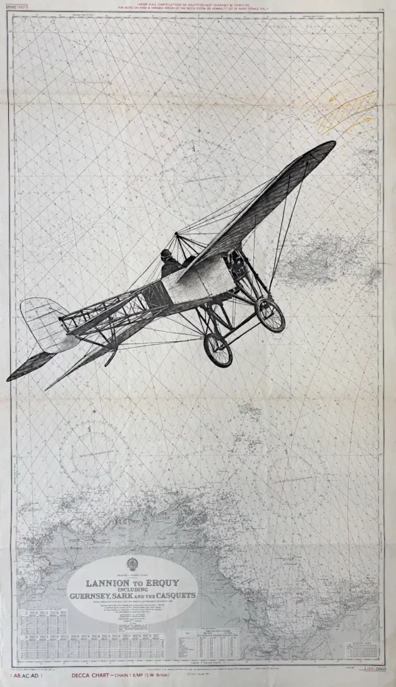 Blériot, encre de Chine sur carte marine, Franck Saïssi
