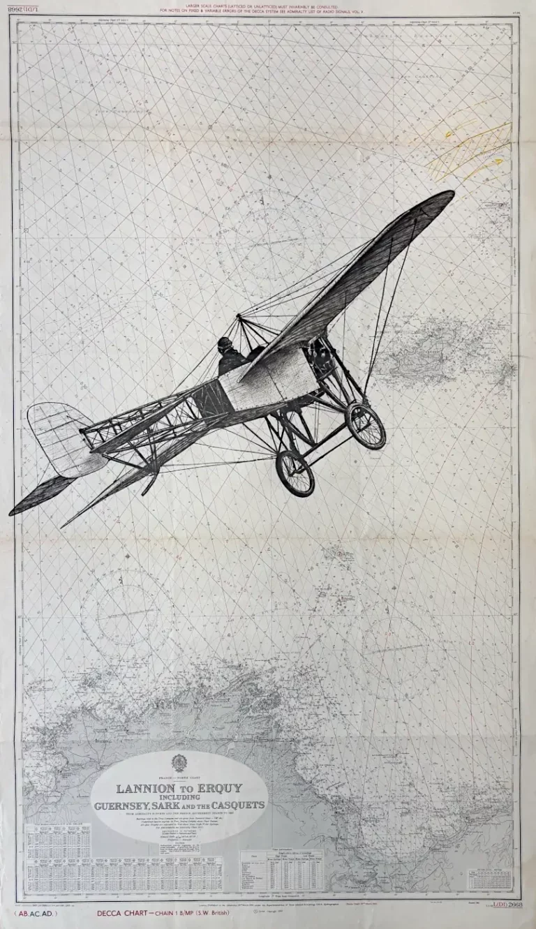 Blériot, encre de Chine sur carte marine, Franck Saïssi