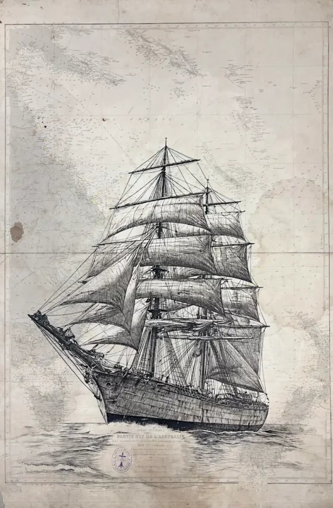 Le De Sonis, encre de Chine sur carte marine, Franck Saïssi
