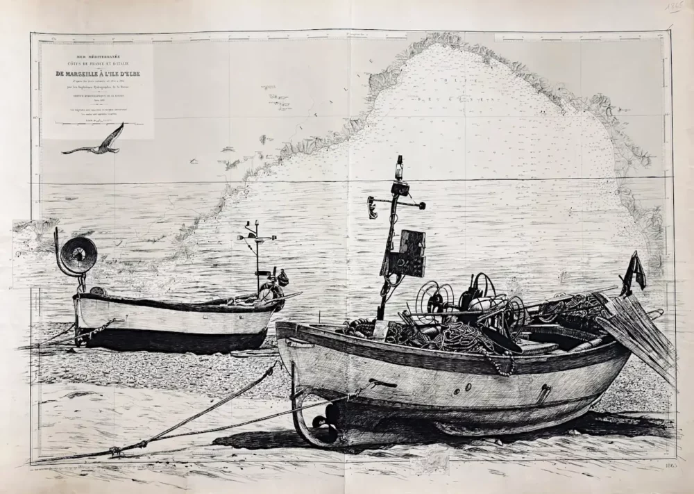 Gozzo ligure, encre de Chine sur carte marine, Franck Saïssi