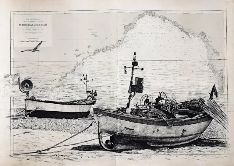 Gozzo ligure, encre de Chine sur carte marine, Franck Saïssi
