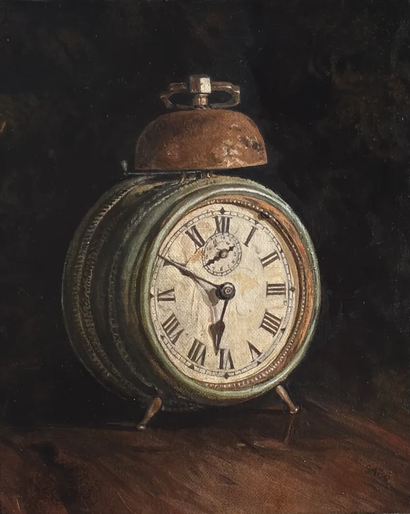 6h50, huile sur toile de lin, un réveil à cloche par Franck Saïssi