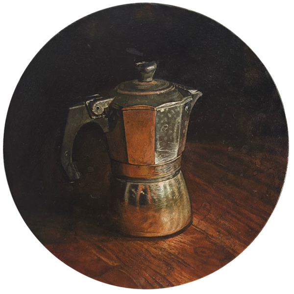 Moka, cafetière italienne à l'huile sur toile ronde par Franck Saïssi