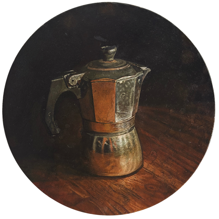 Moka, cafetière italienne à l'huile sur toile ronde par Franck Saïssi