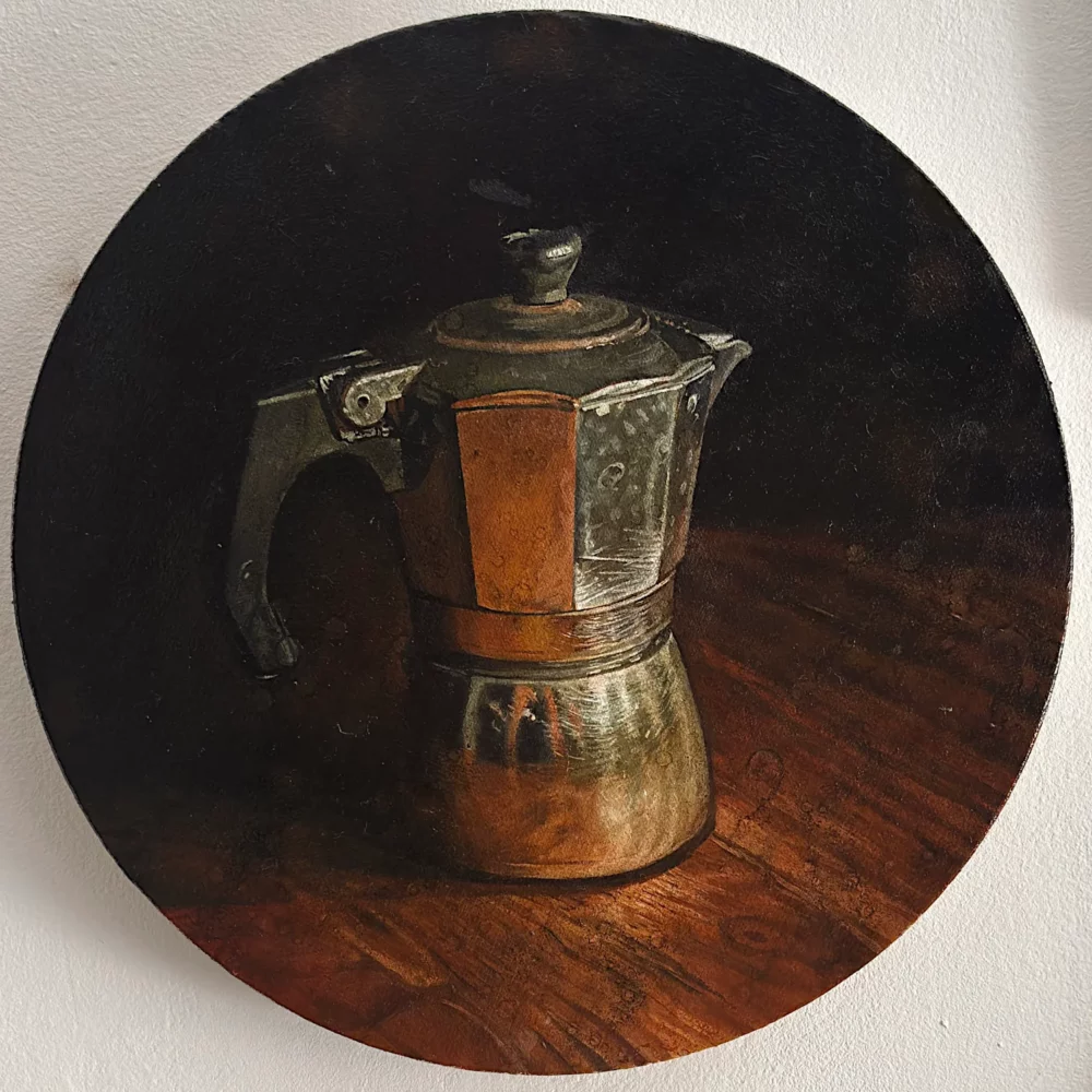 Moka, cafetière italienne à l'huile sur toile ronde par Franck Saïssi