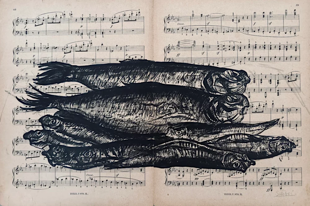 Harengs et sprats, encre de Chine sur partition, Franck Saïssi 2026
