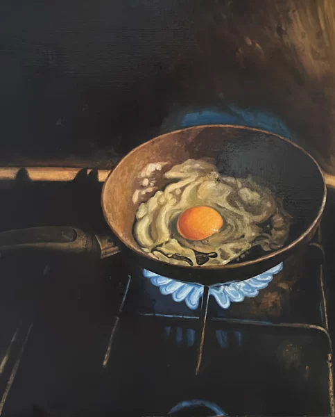 Oeuf au plat, huile sur toile de lin, peinture par Franck Saïssi