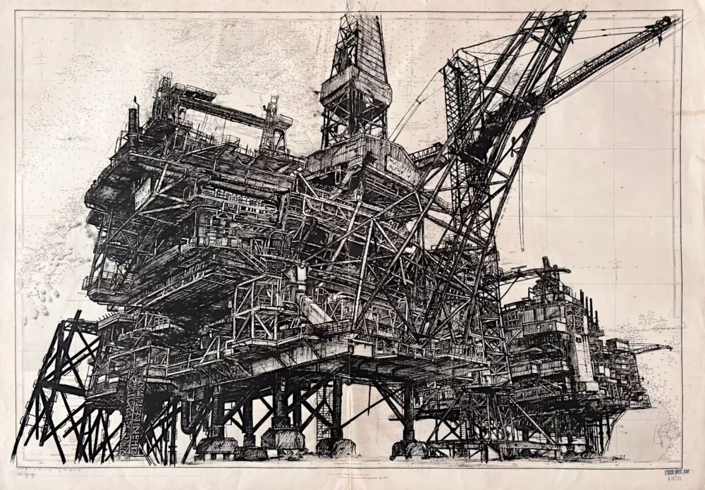 100 milles tonnes d'acier à Bornéo, encre de Chine sur carte marine par Franck Saïssi