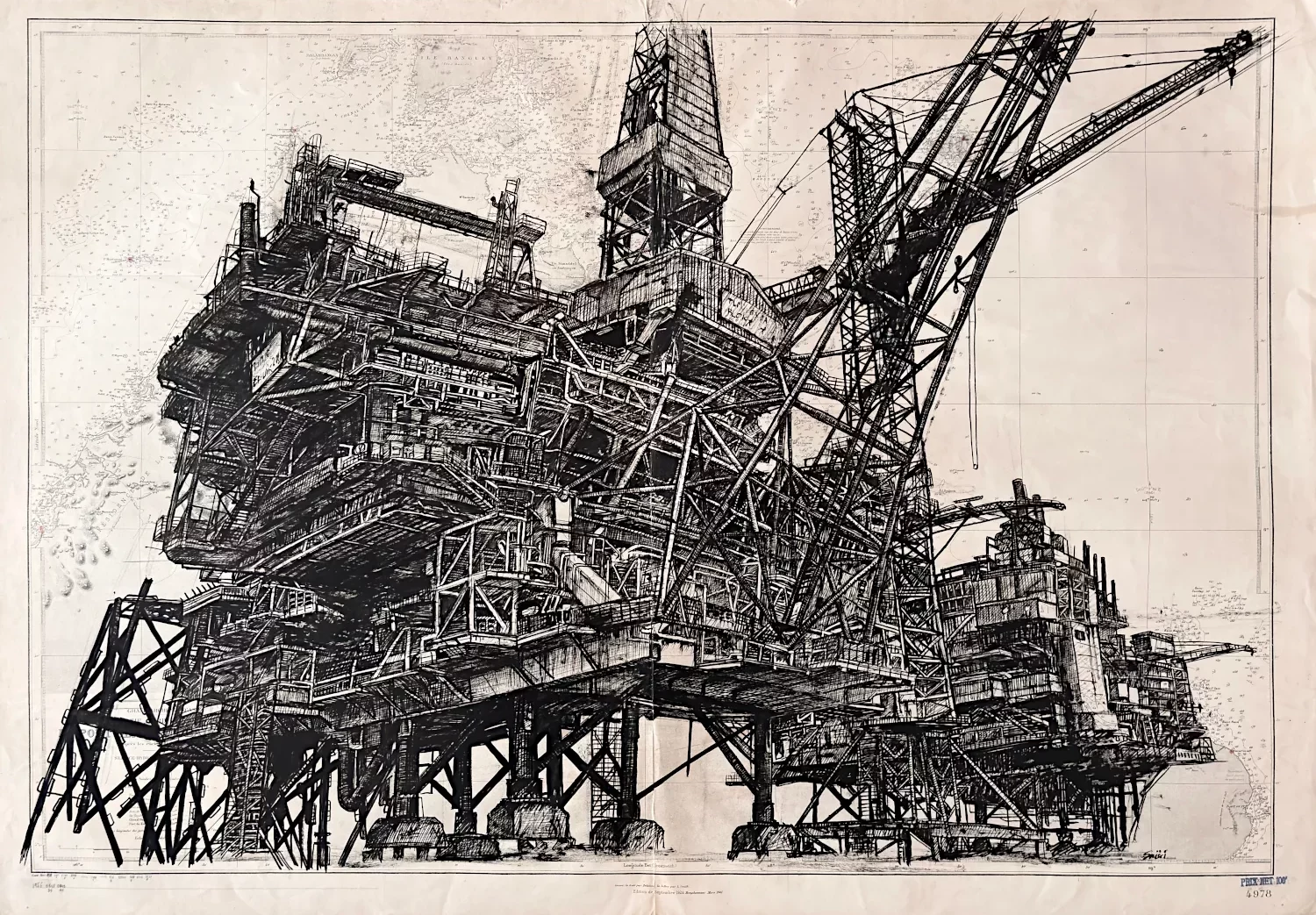 100 milles tonnes d'acier à Bornéo, encre de Chine sur carte marine par Franck Saïssi