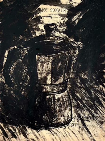 Cafetière de l'atelier, encre de Chine sur partition par Franck Saïssi