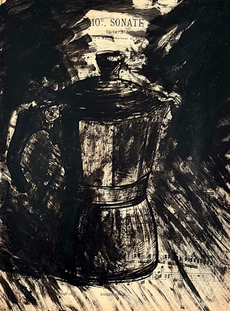Cafetière de l'atelier, encre de Chine sur partition par Franck Saïssi