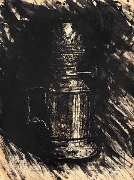 Lampe à pétrole, encre de chine par Franck Saïssi