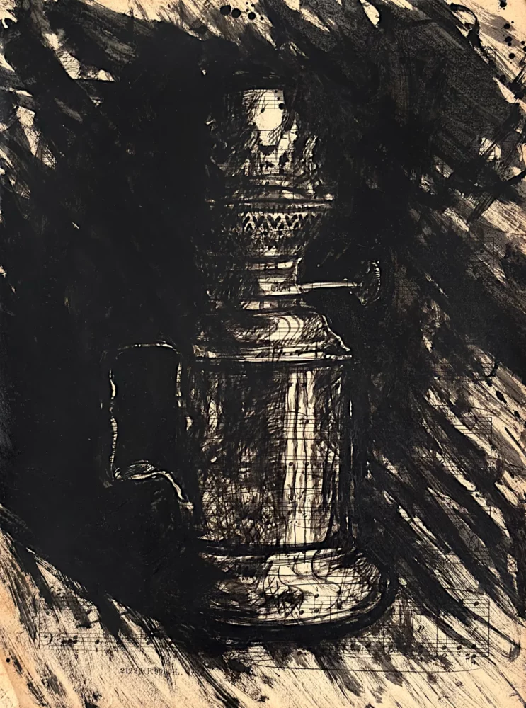 Lampe à pétrole, encre de chine par Franck Saïssi