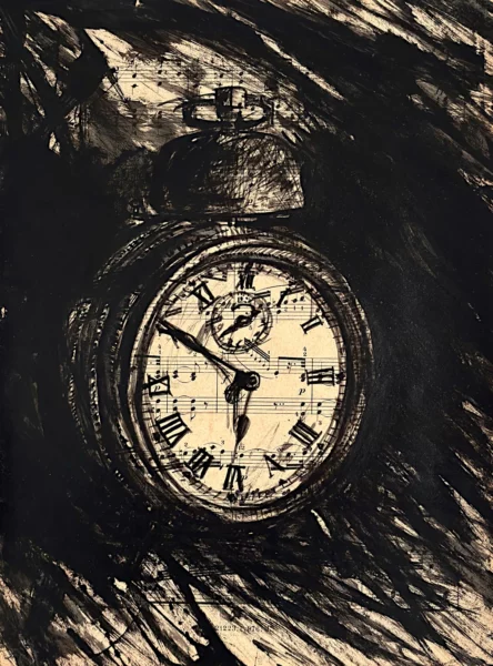 Réveil, encre de Chine sur partition par Franck Saïssi