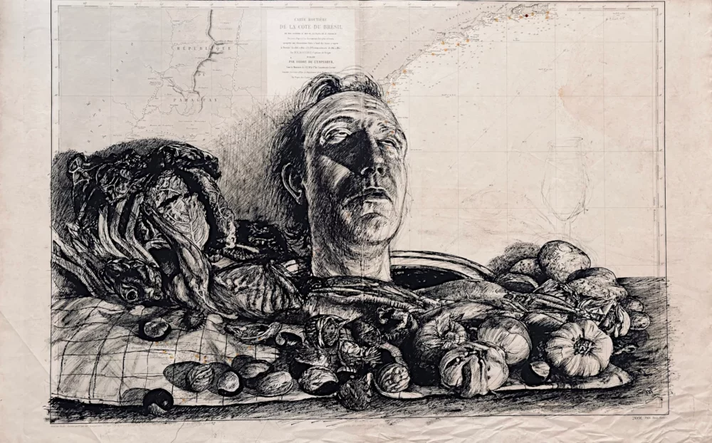 La cuisine du père Saïssi, encre de Chine sur carte marine par Franck Saïssi
