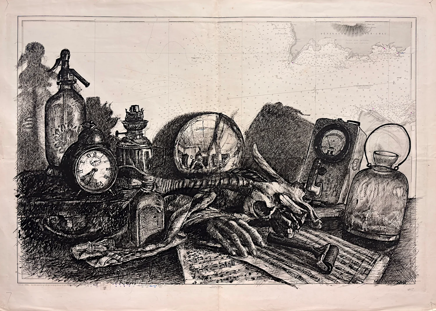 Une succession de non-dits ne fait pas une symphonie, encre de Chine sur carte marine par Franck Saïssi